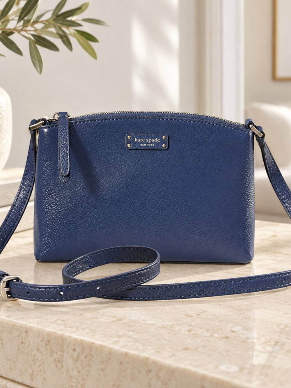 Kate Spade Navy Blue Pebbled Leather Crossbody Bag Silver Hardware NWT